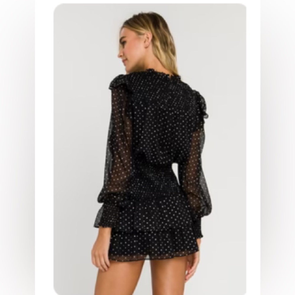 Vici x Gina Black Sheer Polka Dot Chiffon Smocked Ruffle Long Sleeve Mini Dress - Picture 3 of 12